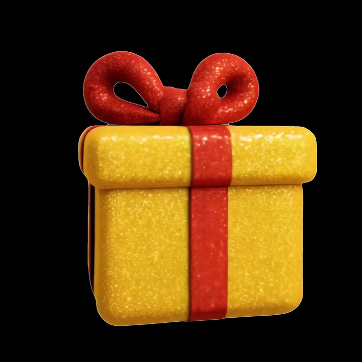 Scatola regalo gialla animata in 3D con nastro rosso glitterato rotante