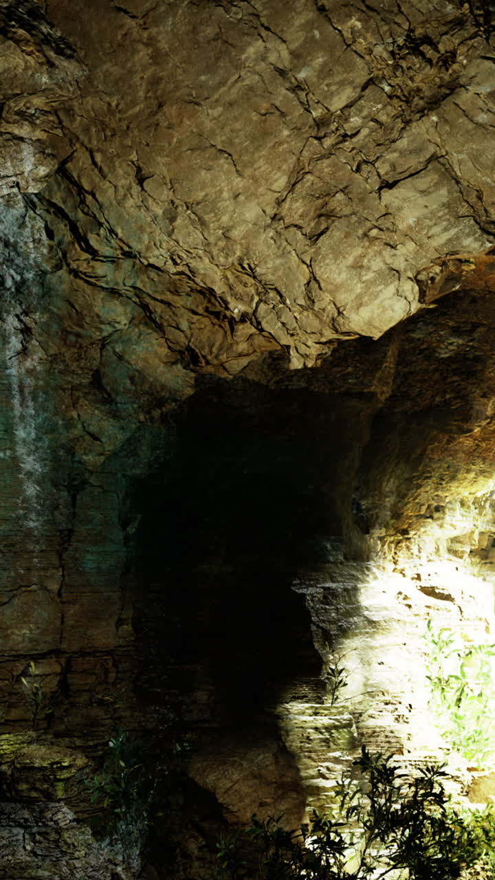 Formazioni rocciose e ombre in una grotta illuminate dalla luce.