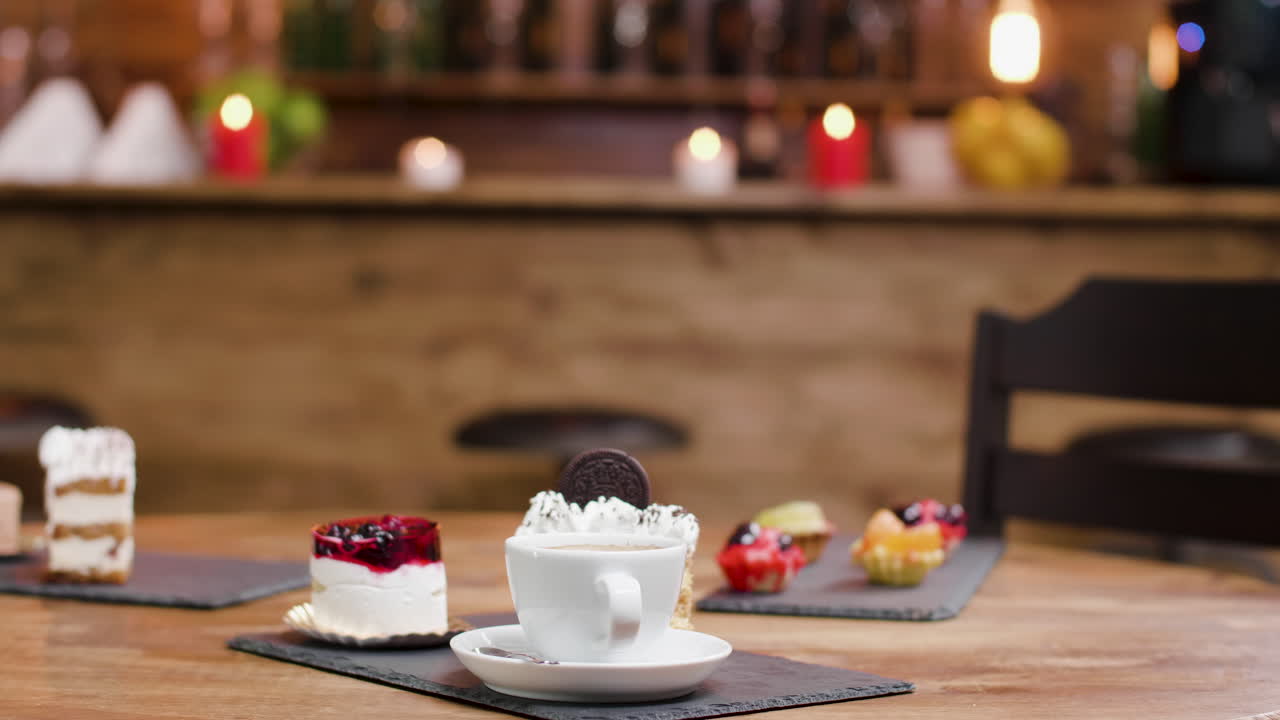 Coffee and cakes on a wooden table in a cafe
