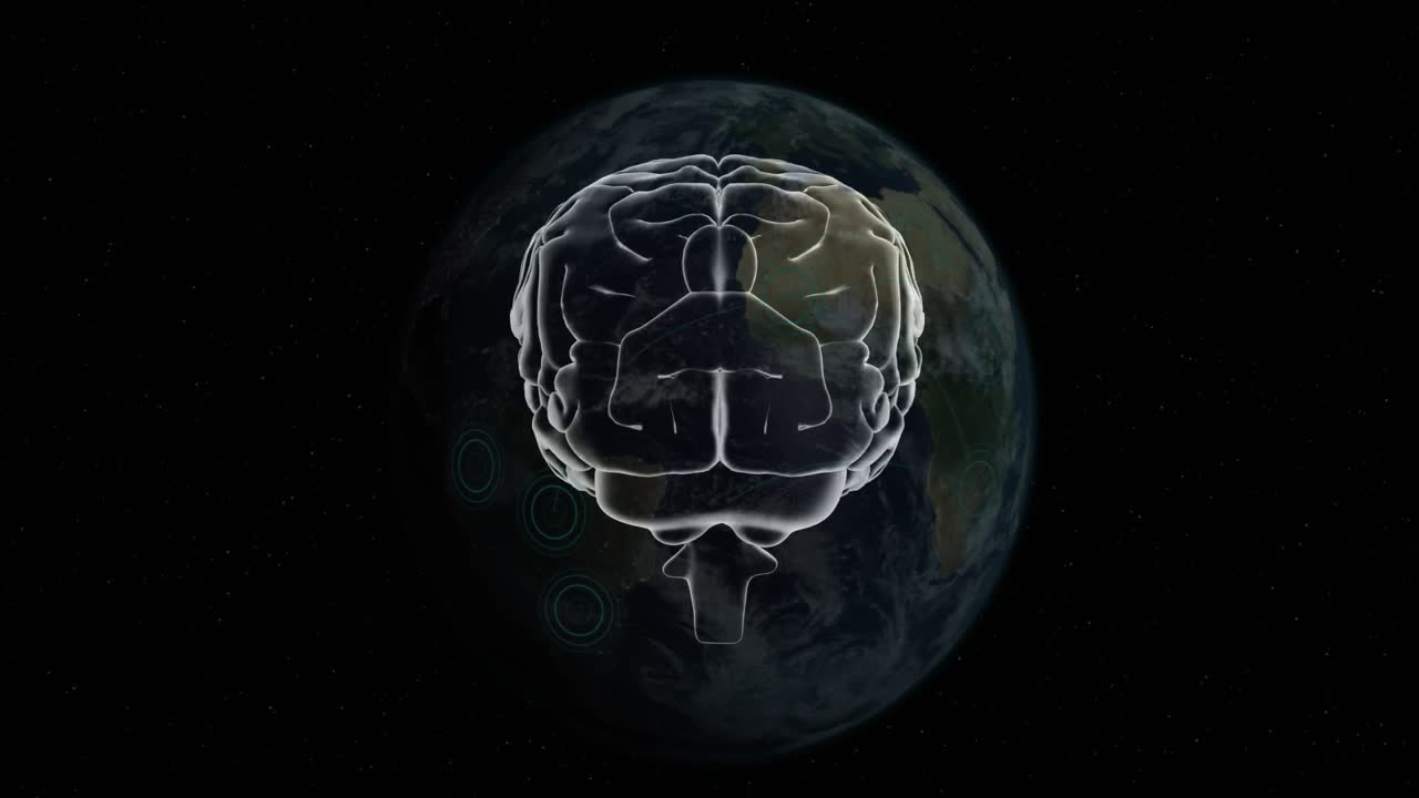 On star-field reveal, white brain rotating around axis, glowing golden region over Earth backdrop