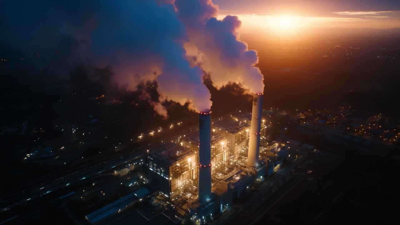 Centrale elettrica industriale al tramonto con emissioni: vista aerea di ciminiere contro un bellissimo cielo al tramonto, con macchinari circostanti e luci della città.