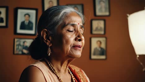 elderly woman sitting near family portraits, nostalgically reflecting on cherished memories with deep emotional expression while reminiscing past moments