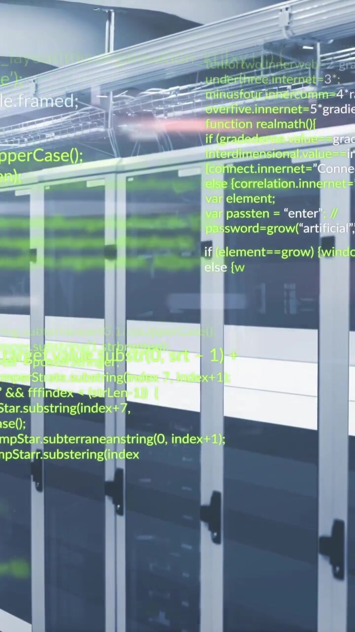 Animation of data processing against light trails over computer server room
