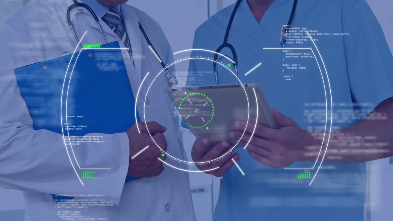 animación del procesamiento de datos y escaneo de alcance sobre diversos médicos en el hospital.