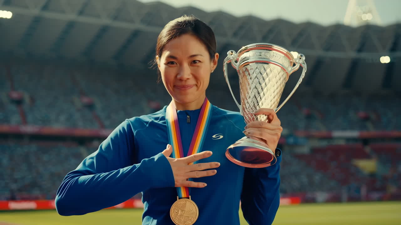 Female Athlete Celebrates Victory with Medal and Trophy in Stadium