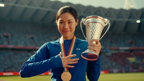 female athlete celebrates victory with medal and trophy in stadium