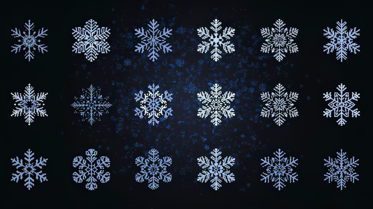 Playback starting, flake grid rotating, morphing on dark screen, speckles highlighting center motif