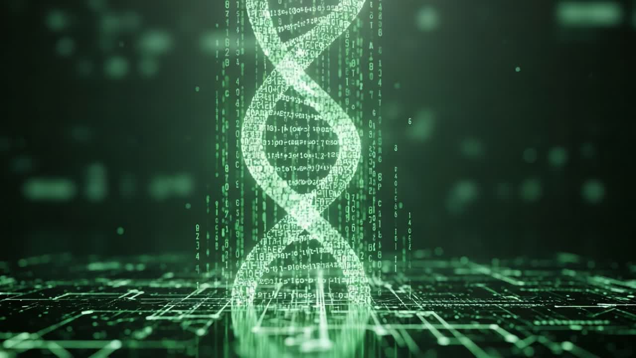 Futuristic Visualization of DNA Helix with Streaming Binary Code Representing Genetic Data in a High-Tech Environment
