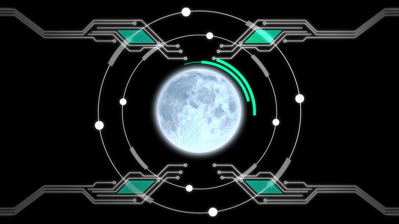 검은색 바탕에 스 스캔과 컴퓨터 회로판을 가진 지구 행성의 애니메이션