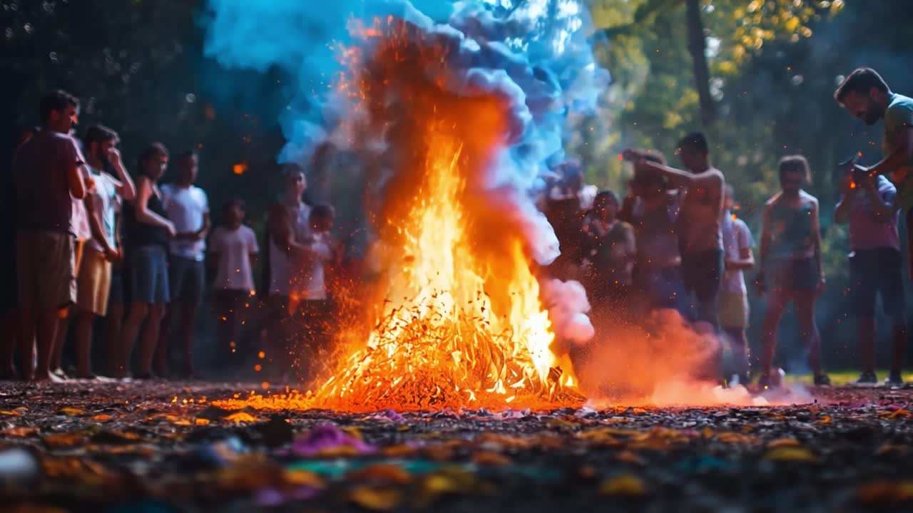 People gathered around a large, smoky bonfire at night