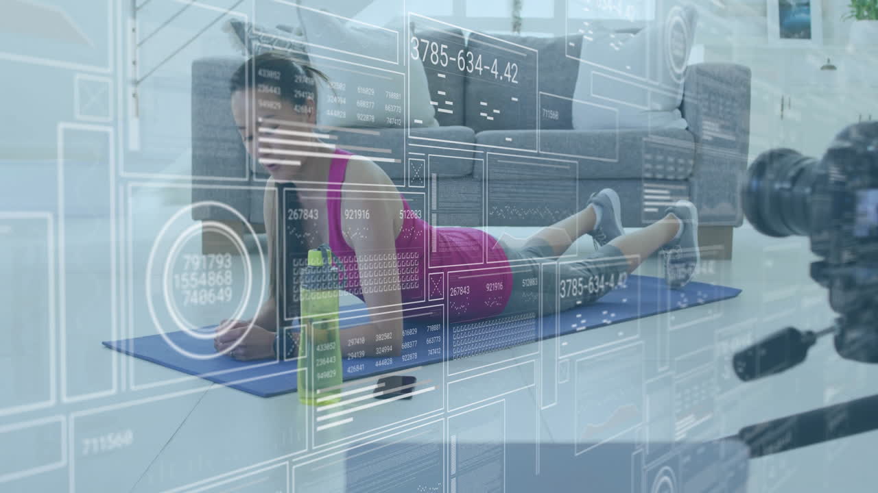 Animation of diagrams and data processing over asian woman exercising at home