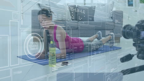 animation of diagrams and data processing over asian woman exercising at home