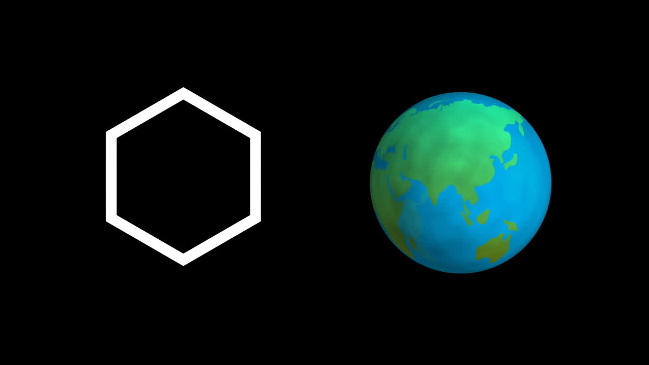 animación digital de una forma circular abstracta y un icono de globo girando contra un fondo negro