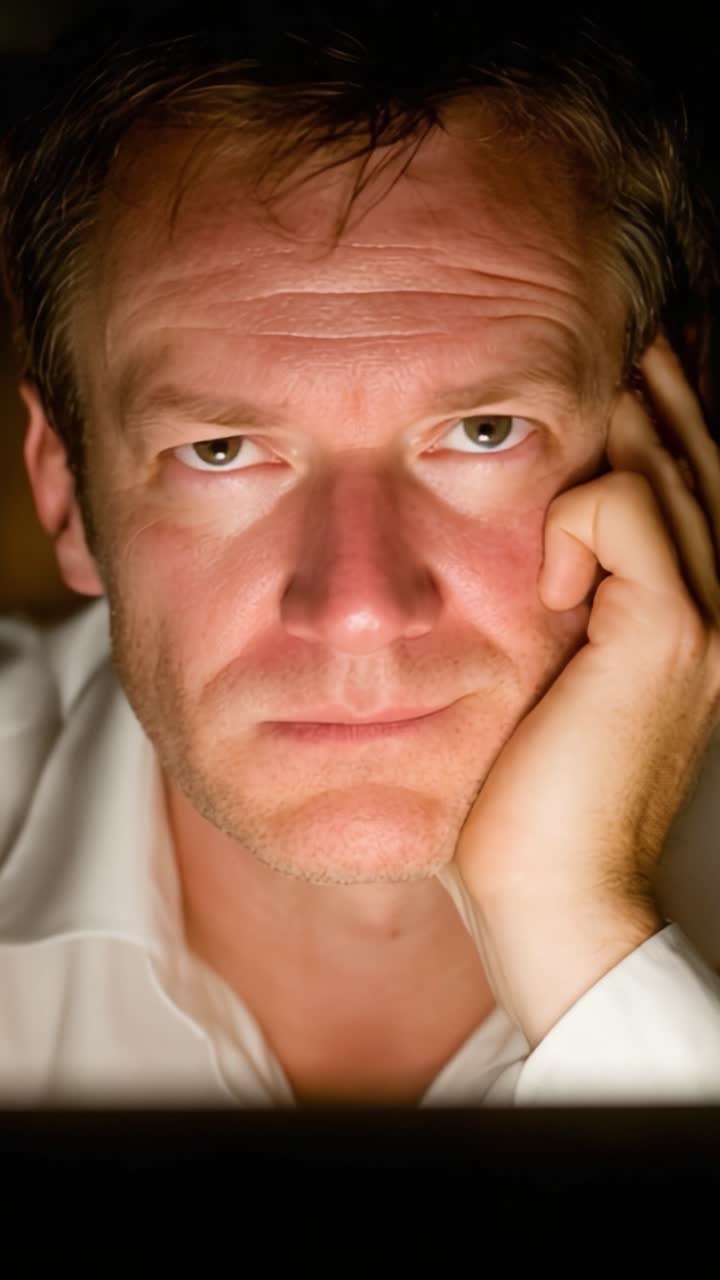 Un uomo profondamente pensieroso, immerso nei suoi pensieri: esplorando le emozioni in un momento introspettivo catturato attraverso un'espressione concentrata e uno sguardo intenso.