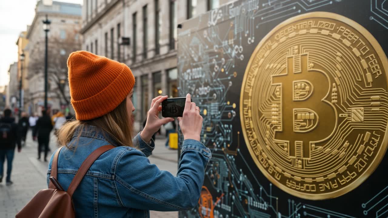 Capturing the Future of Finance: A Young Woman Photographs a Bitcoin Display, Emphasizing the Rise of Cryptocurrency in Urban Culture and Technology