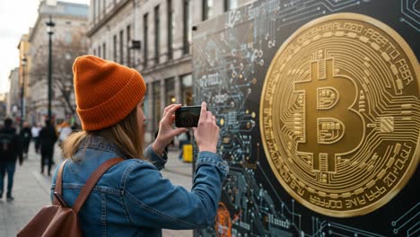 capturing the future of finance: a young woman photographs a bitcoin display, emphasizing the rise of cryptocurrency in urban culture and technology