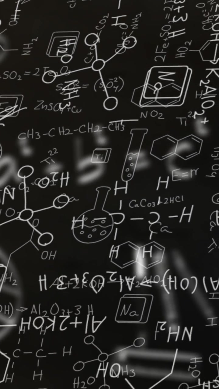 Animation of mathematical and scientific equations floating against black chalboard background
