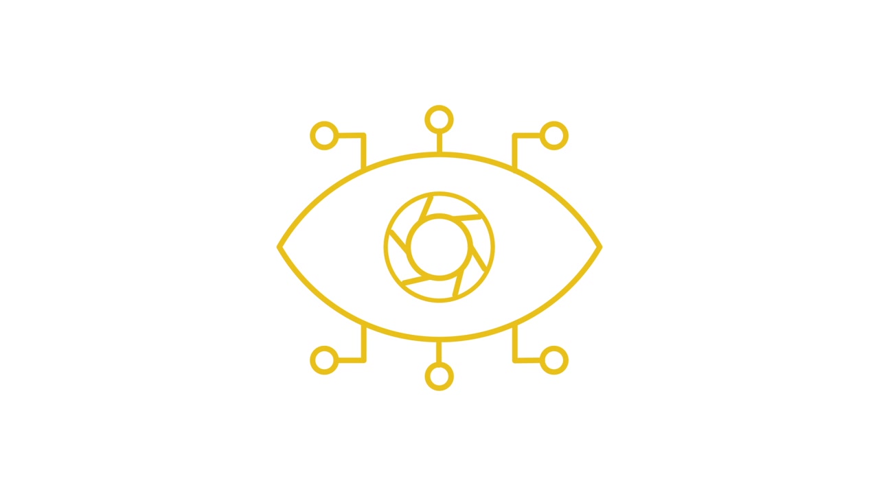 Animated Eye Icon with Camera Aperture and Network Connections