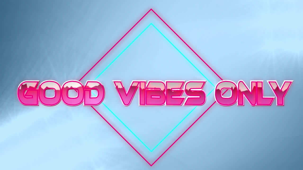 Good vibes only text over neon squares against spots of light on blue background