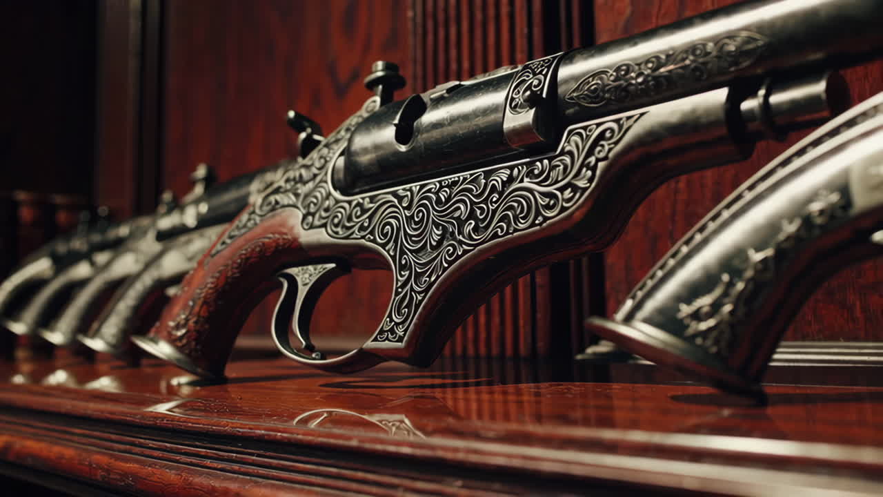 Ornate Antique Pistols Displayed on Wooden Shelf