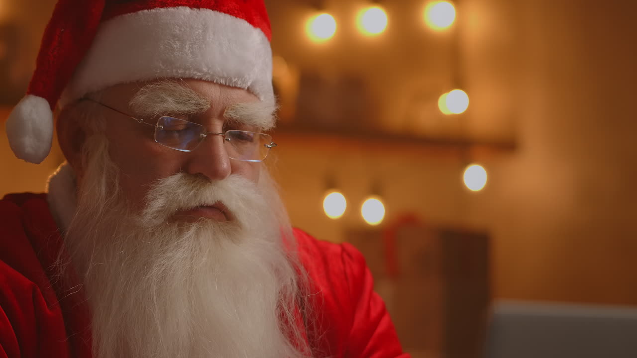 Babbo Natale allegro che lavora su un computer portatile. Babbo Natale che usa il laptop in primo piano. Filmato 4K di alta qualità