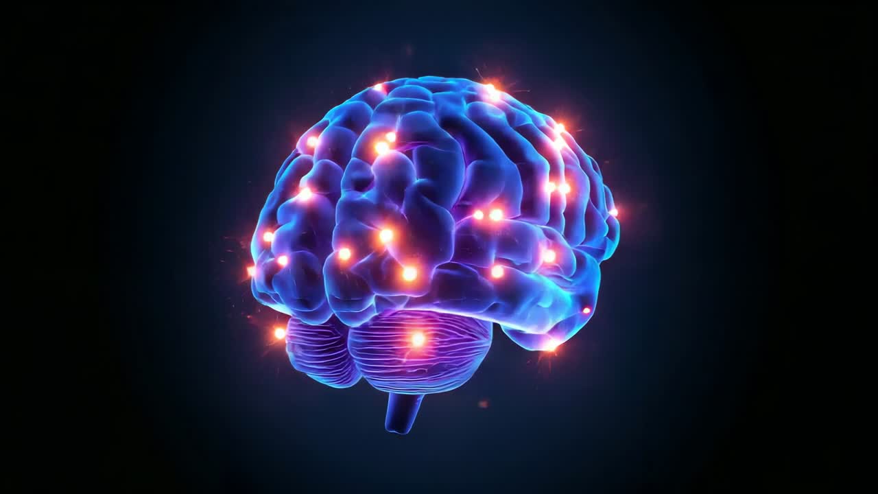On playback start 3D brain model rotating in VR space, revealing glowing activity nodes and flares