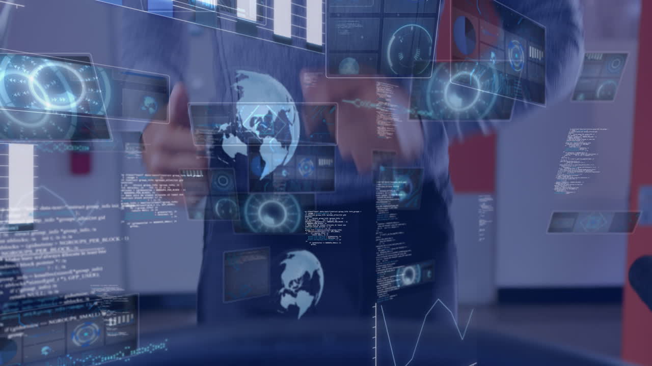 트레드밀에서 달리는 사람, 체육관에서 운동하는 사람에 대한 데이터 처리 애니메이션