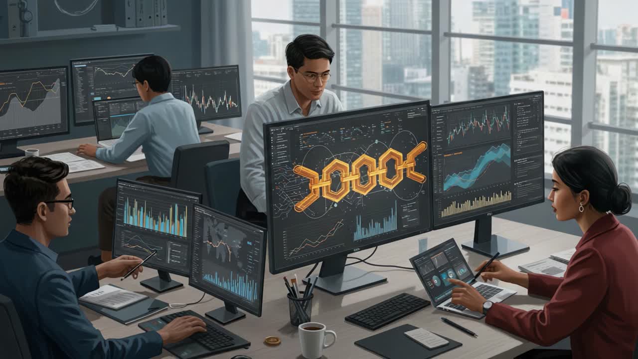 A Collaborative Modern Office Environment with Professionals Analyzing Data and Trends on Multiple Digital Displays Remotely in a Technology-Driven Workplace