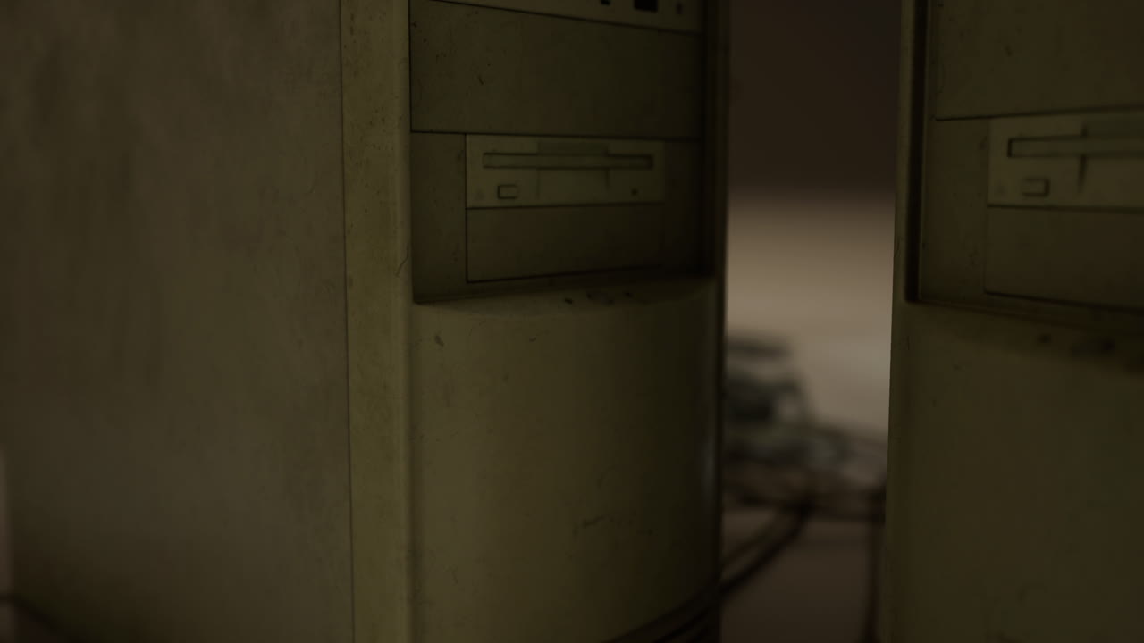 Dusty computer towers stand silent in an abandoned tech lab