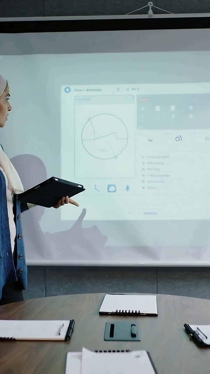 Vertical video: Pointing host in hijab with tablet showing chart as slide starts in room