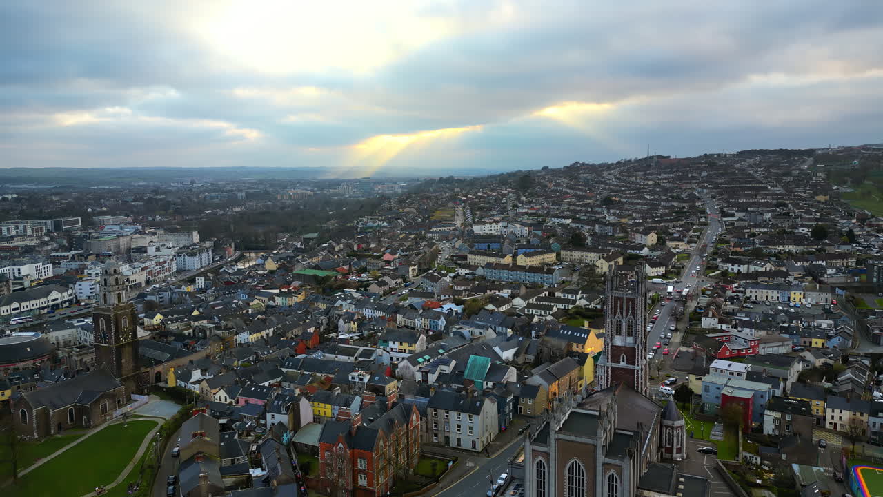 Aerial drone view of St. Mary's Church in Dublin's city center with surrounding historic and modern buildings