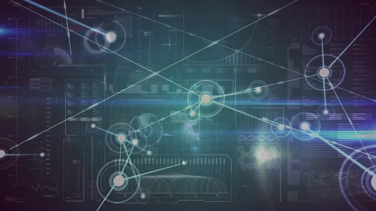 animación de conexiones y procesamiento de datos en pantalla digital