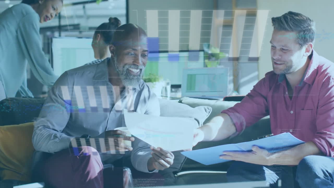Animation of financial data processing over diverse business people in ...
