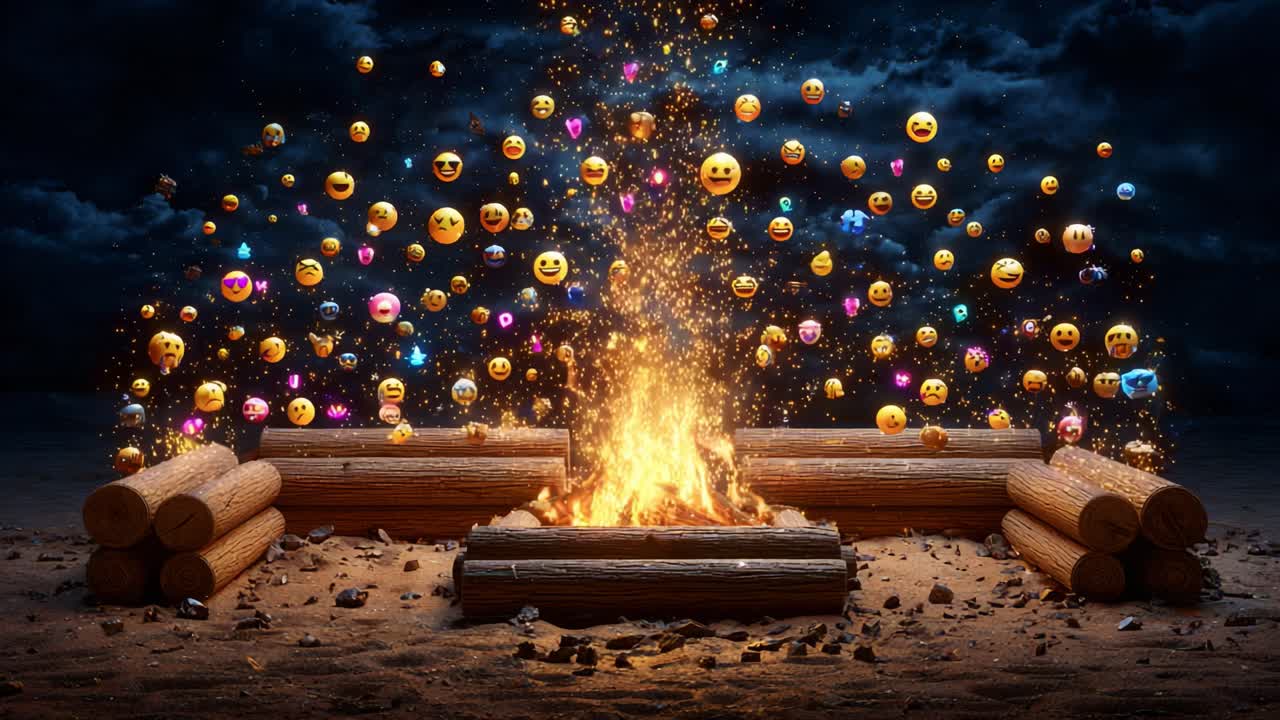 A Vibrant Campfire Scene Surrounded by Floating Emojis Illuminates the Night Sky, Creating a Magical Atmosphere Full of Joy and Fun, Perfect for Gatherings with Friends and Family
