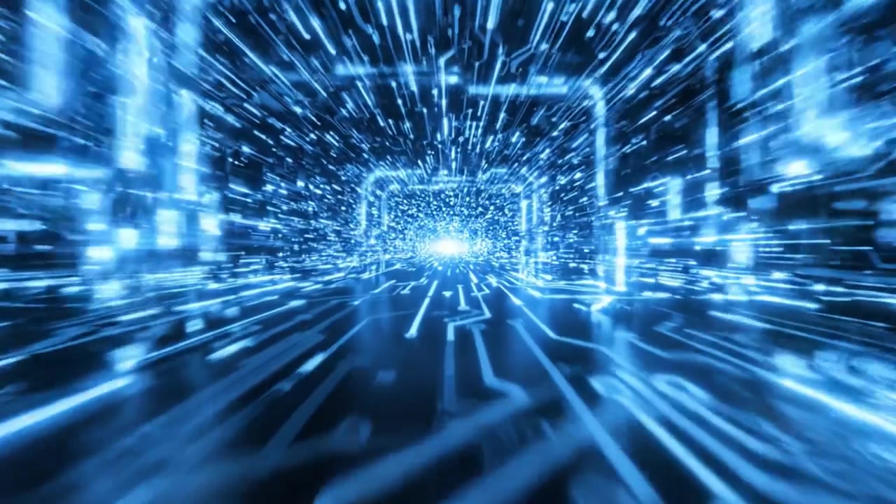 Visualizzazione dinamica di scie di luce blu neon che rappresentano la trasmissione di dati ad alta velocità in un ambiente digitale, creando un'atmosfera tecnologica futuristica
