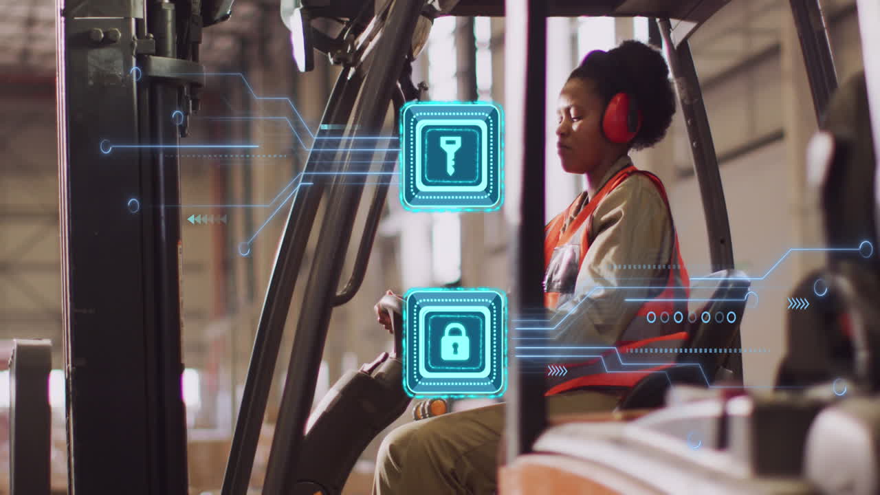 animación de iconos de llave y candado sobre un trabajador afroamericano que usa un camión de torreta en un almacén