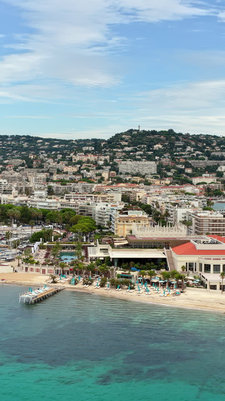 Vista aerea da drone della costa di Cannes con porto turistico, lungomare ed edifici residenziali collinari. Verticale