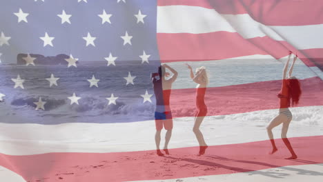 Animation-Der-Flagge-Der-USA-über-Verschiedenen-Freunden-Am-Strand-Im-Sommer