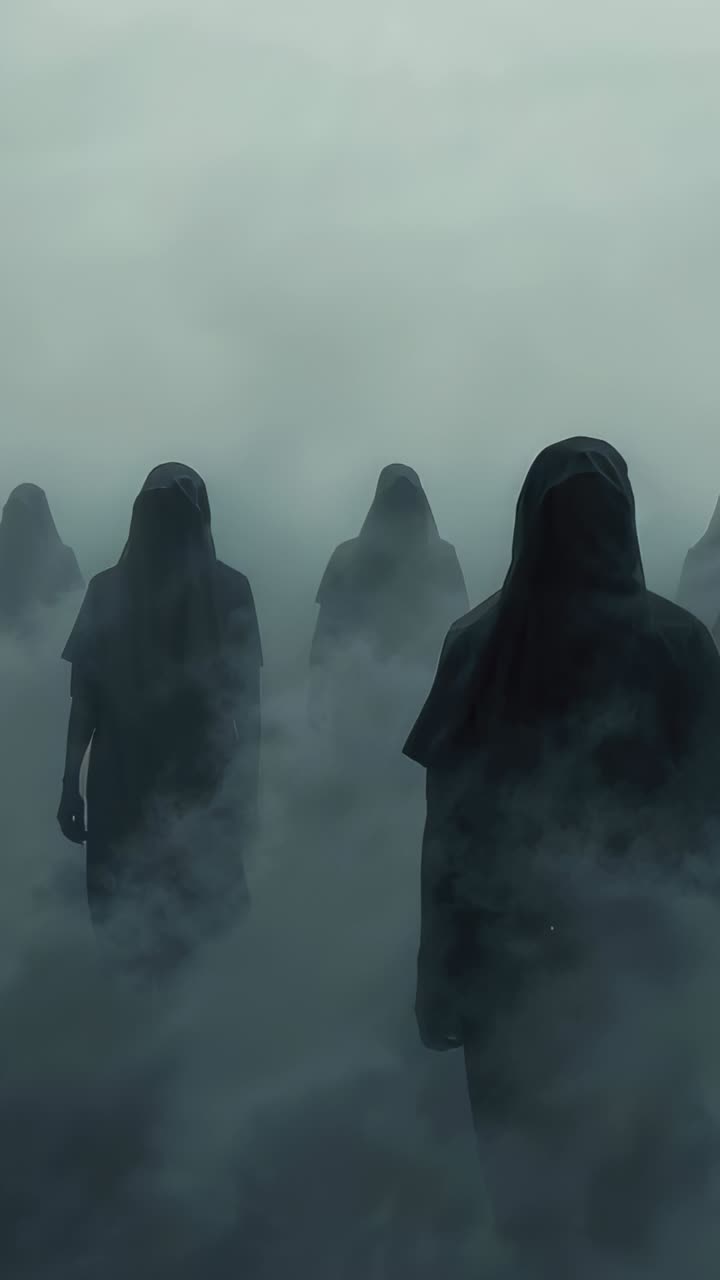 Vertical video: After pause hooded figures in dark robes lifting feet and walking through fog