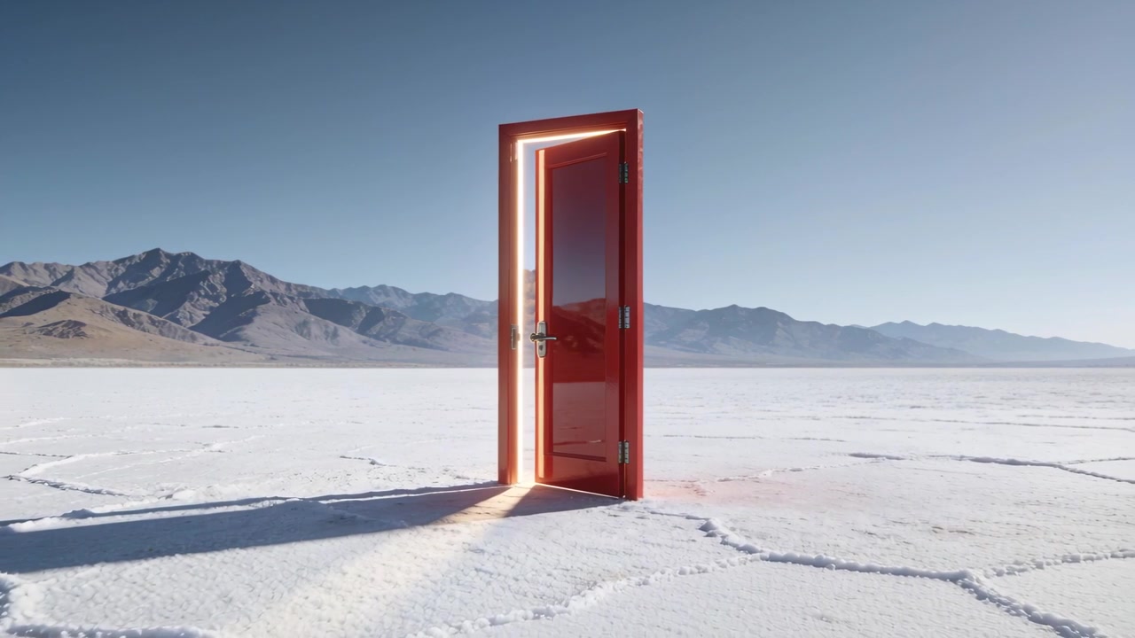 Puerta roja giratoria iluminada por luz de contorno, abriéndose sobre sus bisagras en un salar, mostrando reflejos