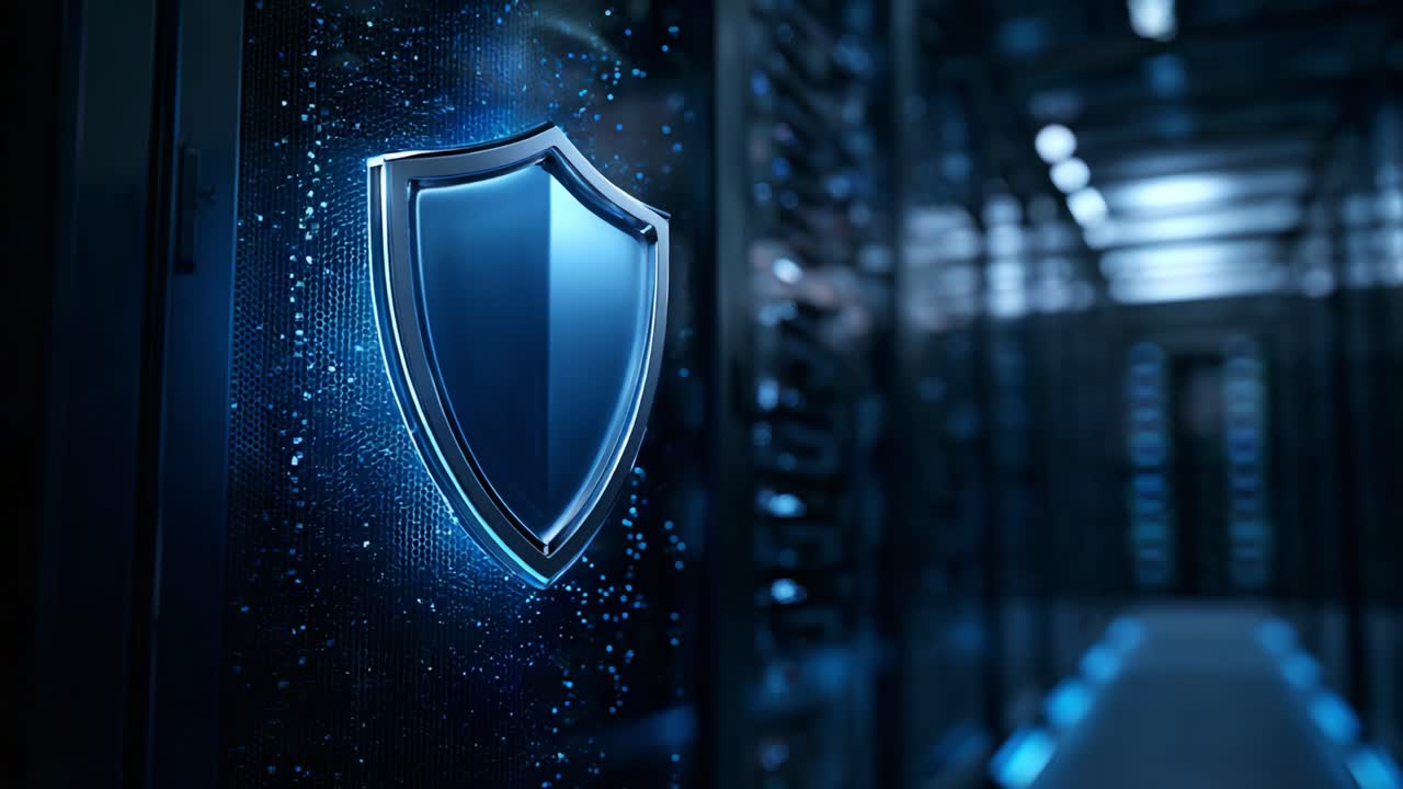 A Secure Data Center Featuring a Resilient Shield Icon, Representing Advanced Cybersecurity Measures Alongside High-Tech Server Infrastructure