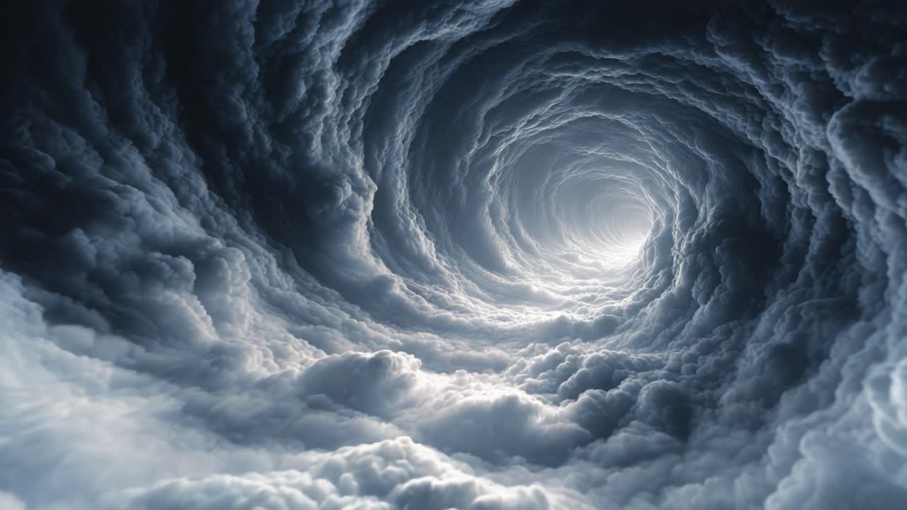 A Hypnotic Journey Through a Twisting Tunnel of Clouds: The Mystical Transition from Dark to Light in a Dramatic Sky
