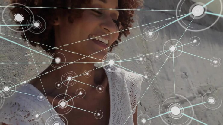 Animation of network of connections with icons over woman using smartphone
