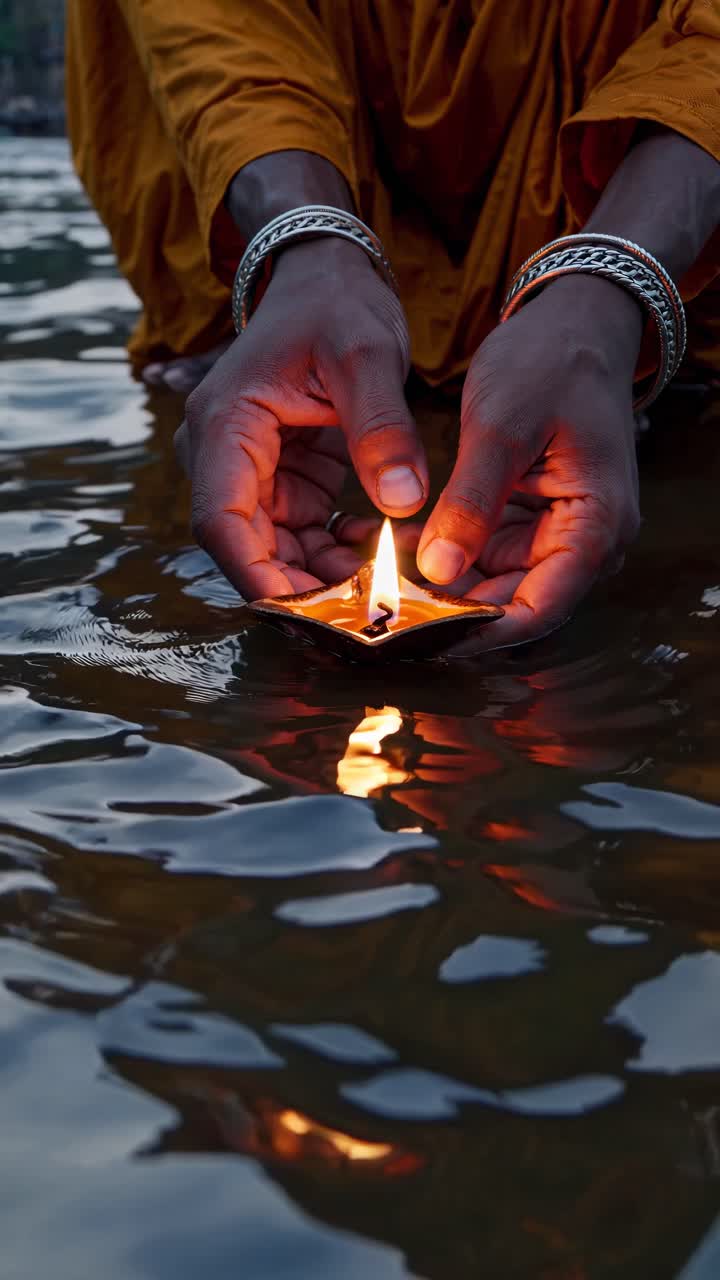 A serene riverside scene at sunset with a person meditating