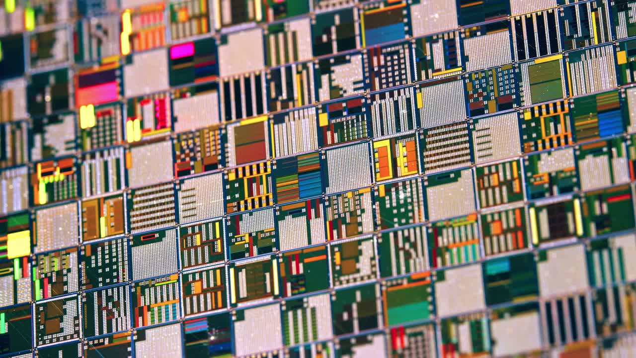 실리콘 반도체 웨이퍼 클로즈업. 전자공학에서, 웨이퍼는 슬라이스 또는 서브스트레이트라고도 불리며, 집적 회로의 제조에 사용되는 반도체, 결정성 실리콘의  ⁇ 은 슬라이스입니다.