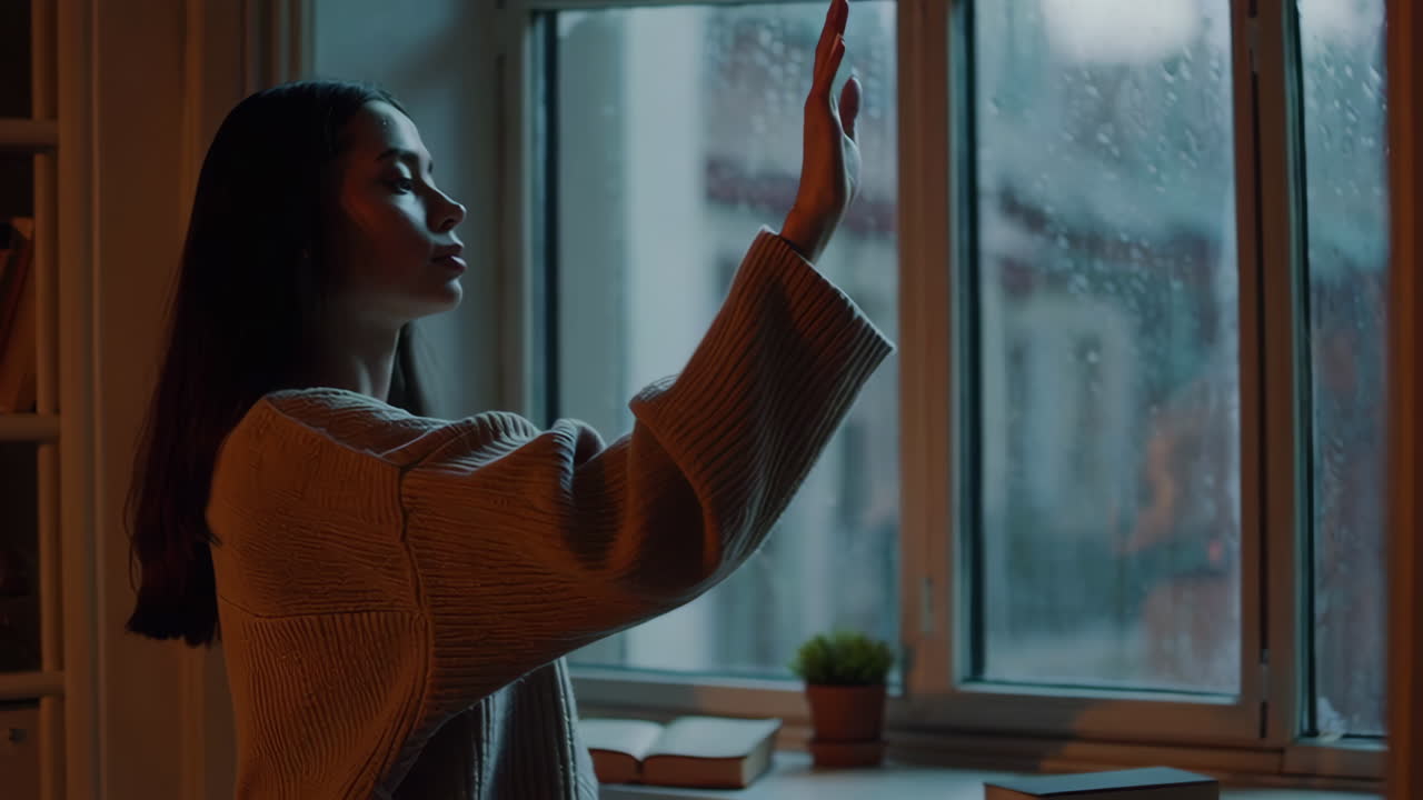 Women Sitting by the Window on a Rainy Night