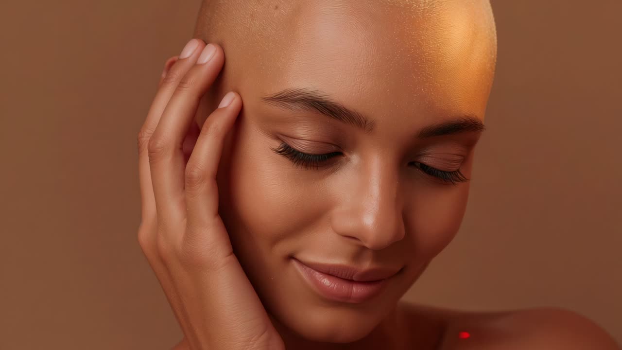 Modello in posa che inclina e culla il viso in studio, la camera riprende per uno shooting di bellezza, eyeliner e punto rosso