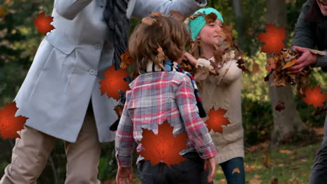 animation of fall leaves falling over happy caucasian family in autumn park