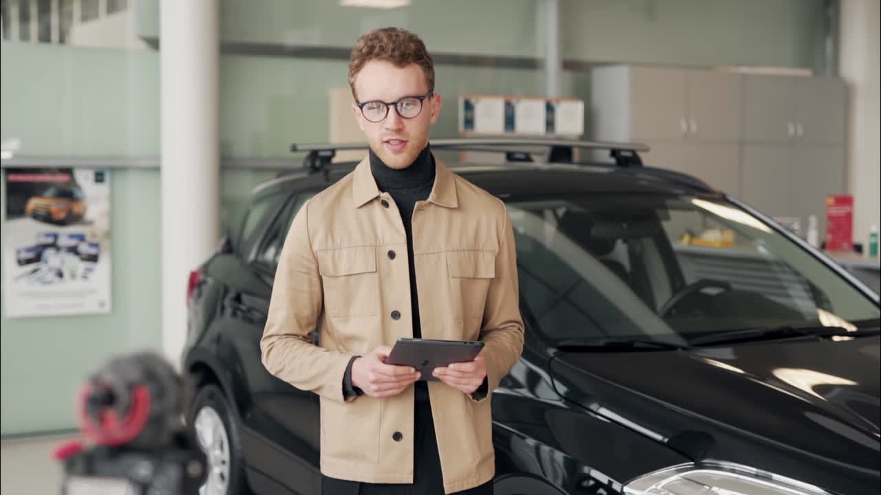 un joven elegante graba una presentación en video del auto en la sala de exposición