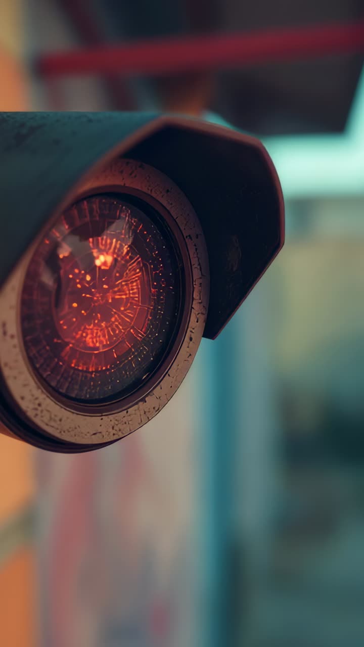 Vertical video: Viewpoint shifting camera housing centering on facade, showing red lens rings